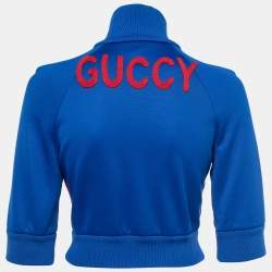 Pre Owned Gucci Blue Knit Guccy-Embroidered Cropped Zip-Front Jacket S   
