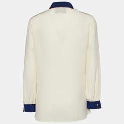 Pre Owned Gucci Cream Silk Contrast Trim Neck Tie Detail Shirt M