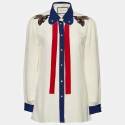 Pre Owned Gucci Cream Silk Contrast Trim Neck Tie Detail Shirt M