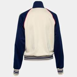 Pre Owned Gucci Cream Knit Web Stripe Trimmed Zip Front Jacket XS