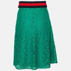 Pre Owned Gucci Green Lace Ribbed Web Stripe Lace Skirt M
