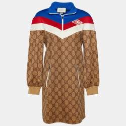 Pre Owned Gucci Brown GG Print Technical Jersey Web Detail Mini Dress M