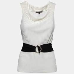 Pre Owned Gucci White Rib Knit Belted Off-Shoulder Top XS