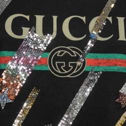 Pre Owned Gucci Black Cotton Sequin-Embellished Logo T-Shirt S