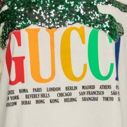 Gucci Cream Sequin Embellished Logo Printed Cotton T-Shirt M
