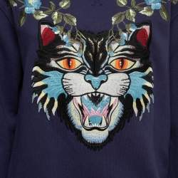 Pre Owned Gucci Navy Blue Embroidered Cotton Oversized Sweatshirt XS