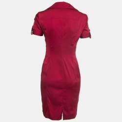 Pre Owned Gucci Red Stretch-Silk Short Sleeve V-Neck Dress M
