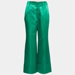 Pre Owned Gucci Green Satin Folded Hem Wide Leg Trousers M
