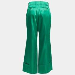Pre Owned Gucci Green Satin Folded Hem Wide Leg Trousers M