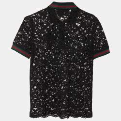Pre Owned Gucci Black Lace Floral Embroidered Polo T-Shirt S