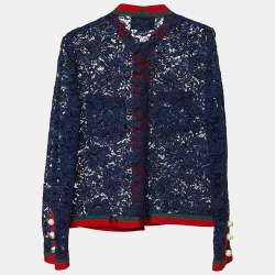 Pre Owned Gucci Navy Blue Lace Contrast Trim Button Front Sheer Jacket M