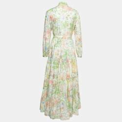 Pre Owned Gucci Cream Printed Cotton Belted Maxi Dress S