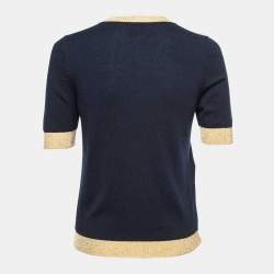 Pre Owned Gucci Navy Blue Cashmere Rib-Trim Detail Sweater Top M