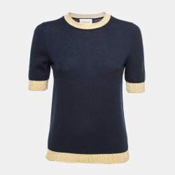 Pre Owned Gucci Navy Blue Cashmere Rib-Trim Detail Sweater Top M