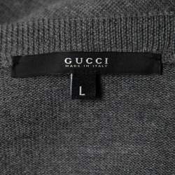 Gucci Grey Wool Knit Web Detail Sleeve V Neck Sweater L