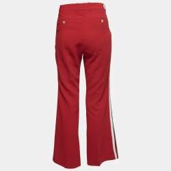 Pre Owned Gucci Red Stretch Crepe Ribbon-Trim Detail Flared Trousers M
