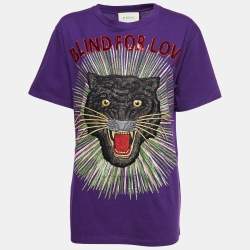 Gucci Purple Cotton Blind For Love Embroidered T-Shirt XS