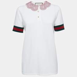 Pre Owned Gucci White Cotton Lace Collar Polo T-Shirt L