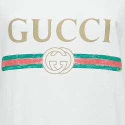 Gucci White Distressed Cotton Logo Print T-Shirt M
