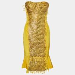 Gucci by Tom Ford Yellow Silk Embellished Strapless Mini Dress M