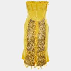 Gucci by Tom Ford Yellow Silk Embellished Strapless Mini Dress M