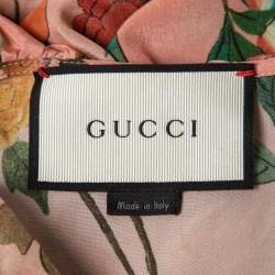 Pre Owned Gucci Pink Floral Printed Silk Ruffled Tie Neck Top M