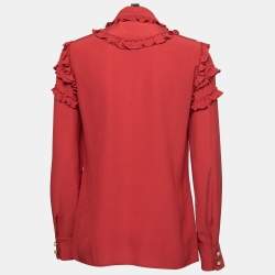 Pre Owned Gucci Red Silk Ruffled Long Sleeve Shirt M