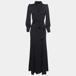 Gucci Black Silk Ruffled Neck Tie Back Long Dress S