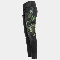 Pre Owned Gucci Grey Dragon Embroidered Denim Skinny Jeans M