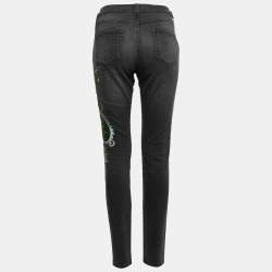 Pre Owned Gucci Grey Dragon Embroidered Denim Skinny Jeans M