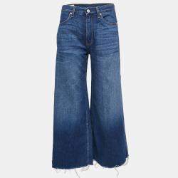 Pre Owned Gucci Blue Denim Embroidered Wide Leg Jeans S