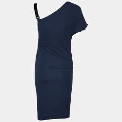 Pre Owned Gucci Navy Blue Jersey Leather Shoulder Detail Ruched Mini Dress M