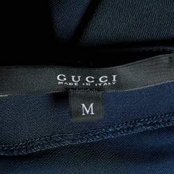 Pre Owned Gucci Navy Blue Jersey Leather Shoulder Detail Ruched Mini Dress M