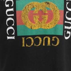 مملوكة مسبقًا Gucci Black Fake Gucci Print & Floral Embroidered Cotton Distressed T-Shirt M