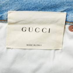 Pre Owned Gucci Blue Washed Denim Embroidery Detailed Flared Wide-Leg Jeans S Waist 27"