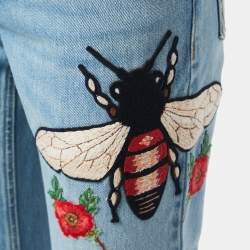 Pre Owned Gucci Blue Washed Denim Embroidery Detailed Flared Wide-Leg Jeans S Waist 27"