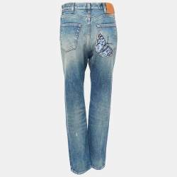 Gucci Blue Washed Denim Embroidery Detailed High Waist Jeans M Waist 28"