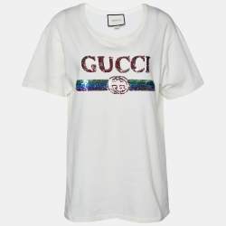 Gucci Cream Sequin Embellished Cotton Knit T-Shirt S