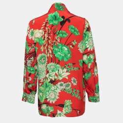 Pre Owned Gucci Red Floral Printed Silk Button Front Tie Neck Blouse M