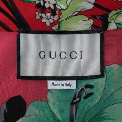 Pre Owned Gucci Red Floral Printed Silk Button Front Tie Neck Blouse M