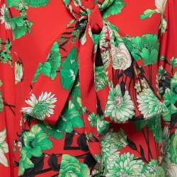 Pre Owned Gucci Red Floral Printed Silk Button Front Tie Neck Blouse M