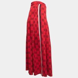 Gucci Red GG Print Cotton Knit Pleated Maxi Skirt M