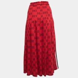 Gucci Red GG Print Cotton Knit Pleated Maxi Skirt M