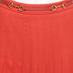 Pre Owned Gucci Red Wool Leather Trim Belt Detail Pleated Midi Skirt M