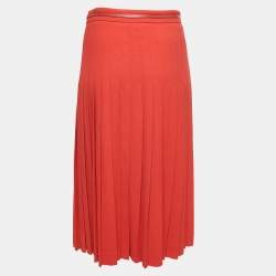 Pre Owned Gucci Red Wool Leather Trim Belt Detail Pleated Midi Skirt M