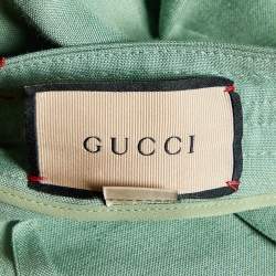 Pre Owned Gucci Green Linen Blend Leather Belt Detail Pleated Midi Skirt L