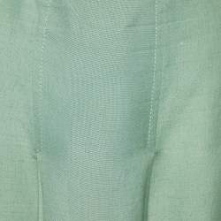 Pre Owned Gucci Green Linen Blend Leather Belt Detail Pleated Midi Skirt L
