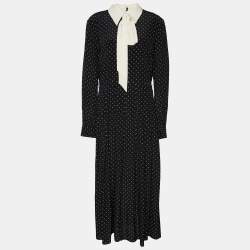 Pre Owned Gucci Black Polka Dot Logo Printed Silk Neck Tie Detail Maxi Dress L