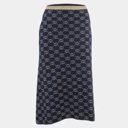 Pre Owned Gucci Navy Blur GG Patterned Lurex Knit Midi Skirt XS