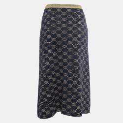 Pre Owned Gucci Navy Blur GG Patterned Lurex Knit Midi Skirt XS